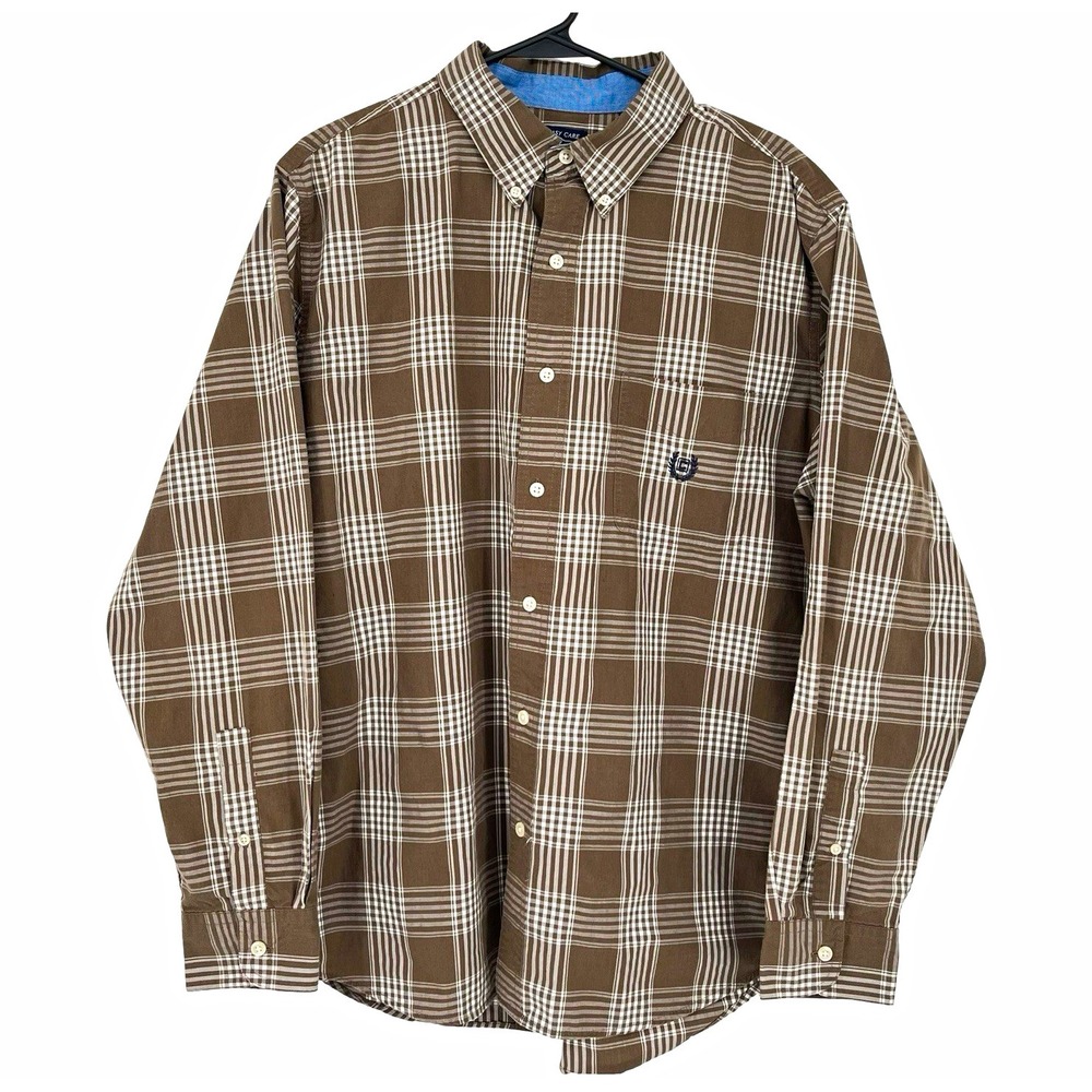 Chaps Easy Care Men's XL Brown/White Plaid Woven Embroidered LS Button-Up